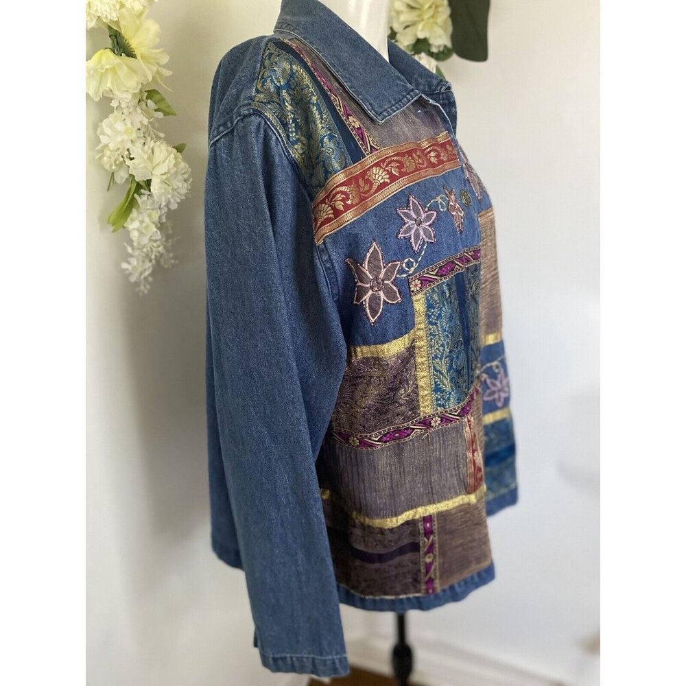 Bedford Fair Lifestyles Jean Shirt Jacket w Embroidery Appliques Beads Sz L Vtg - Picture 3 of 16